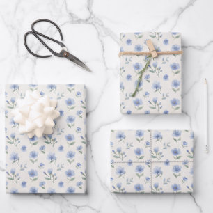 Blaue Cottagecore-Wildblumen-Botanikdruck Geschenkpapier Set