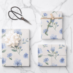 Blaue Cottagecore-Wildblumen Botanischer Druck Geschenkpapier Set