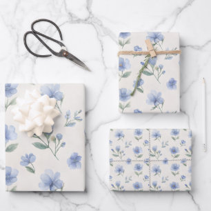 Blaue Cottagecore-Wildblumen in drei Größen Bundle Geschenkpapier Set