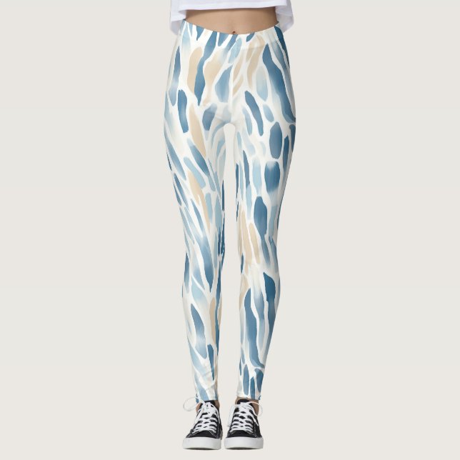 Blaue Creme Abstrakte Tierdrucke Leggings (Vorderseite)