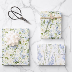 Blaue Creme Blumen Hochzeit Geschenkpapier Set