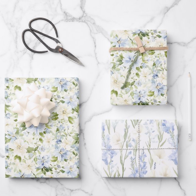 Blaue Creme Blumen Hochzeit Geschenkpapier Set (Vorderseite)