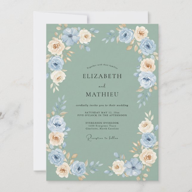 Blaue Creme Blumenhochzeit Einladung (Vorderseite)