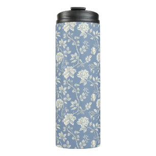 Blaue Creme Blumenmuster   Thermosbecher