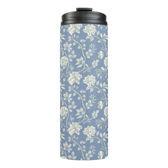 Blaue Creme Blumenmuster   Thermosbecher (Vorderseite)