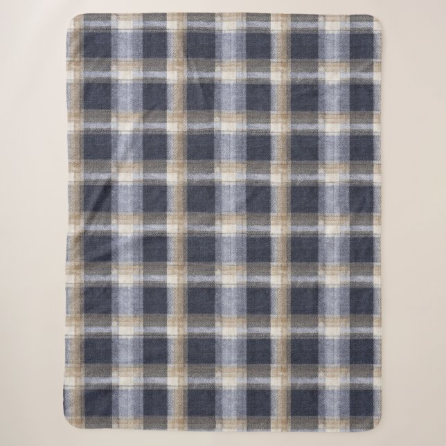 Blaue Creme Karierte Streifen Sherpadecke (Vorderseite)