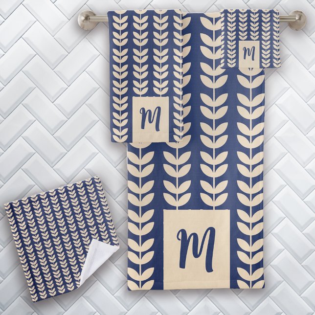 Blaue Creme Leaf Muster Monogram Badhandtuch Set (Von Creator hochgeladen)