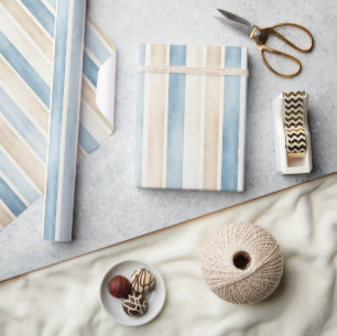 Blaue Creme-Streifen Geburtstag am Strand Geschenkpapier