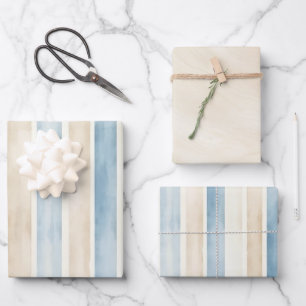 Blaue Creme-Streifen Geburtstag Strand Geschenkpapier Set