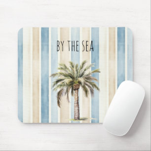 Blaue Creme Streifen Tropischer Palmenbaum Mousepad