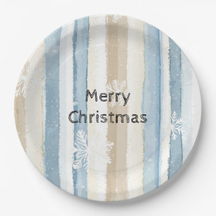 Blaue Creme WeihnachtsStreifen Schneeflocken Pappteller