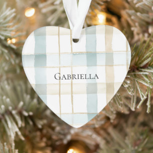 Blaue Creme Weiße Karierte Streifen Weihnachten Ornament