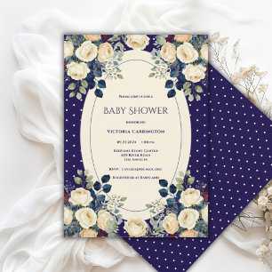 Blaue & cremefarbene Punkte Blumen Elegante Babypa Einladung