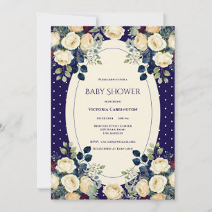 Blaue & cremefarbene Punkte Blumen Elegante Babypa Einladung