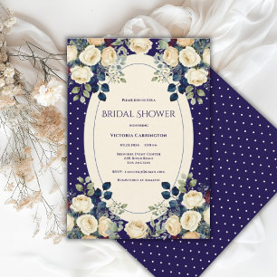 Blaue & cremefarbene Punkte Blumen Elegante Brautp Einladung