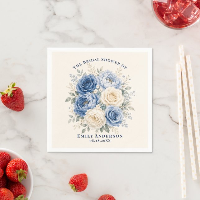 Blaue & cremefarbene Rosen Hochzeitsdusche Serviette (Beispiel)