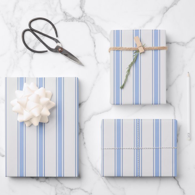 Blaue & cremefarbene Streifen Geschenkpapier Set (Vorderseite)