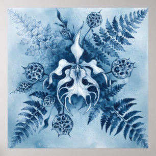 Blaue Cyanotypie Orchideen-Farn-Samenkapsel-Plakat Poster