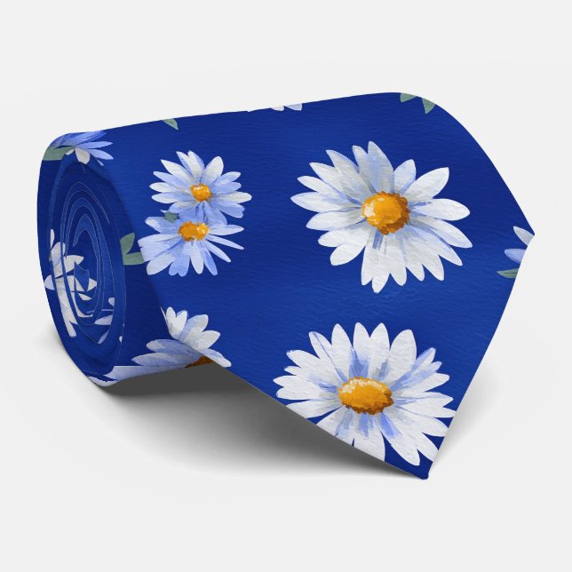 Blaue Daisy-Aquarell-Blumenmuster Krawatte (Gerollt)