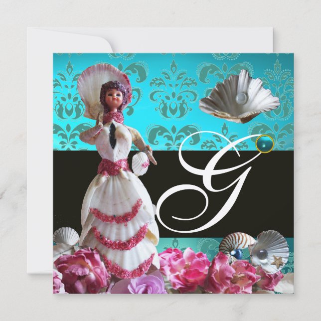 BLAUE DAMASK BEACH WEDD - BRAUTPARTY MONOGRAM EINLADUNG (Vorderseite)