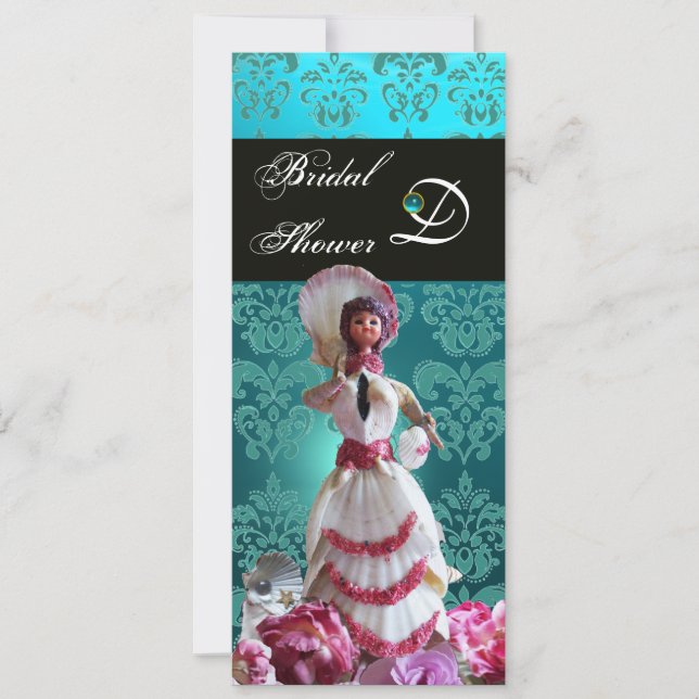 BLAUE DAMASK BEACH WEDD - BRAUTPARTY MONOGRAM EINLADUNG (Vorderseite)