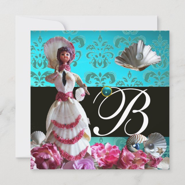 BLAUE DAMASK BEACH WEDD - BRAUTPARTY MONOGRAM EINLADUNG (Vorderseite)