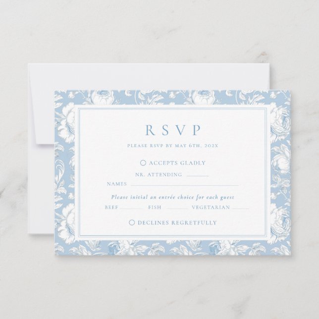 Blaue Damast-Hochzeit RSVP Karte (Vorderseite)