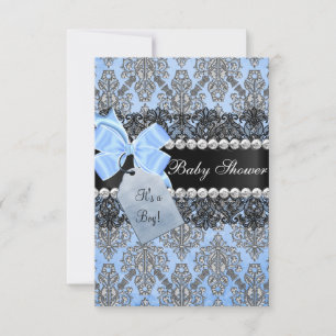 Blaue Damast- & Schleifenjungen-Baby-Shower-Einlad Einladung