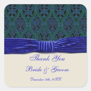 blaue Damast- und Band-Hochzeitsaufkleber Quadratischer Aufkleber