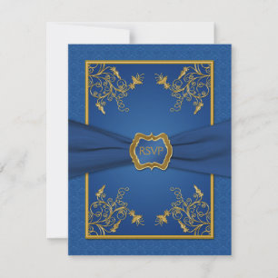 Blaue Damast- und Gold-Blumen-Antwortkarte RSVP Karte