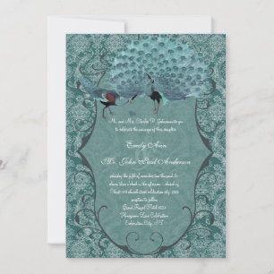 Blaue Damast-Vintage-Pfauen-Hochzeit Einladung