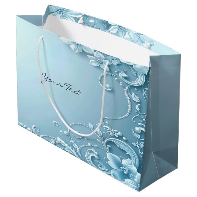 Blaue dekorative Blumen-Geschenktasche Große Geschenktüte (Rückseite Schrägansicht)