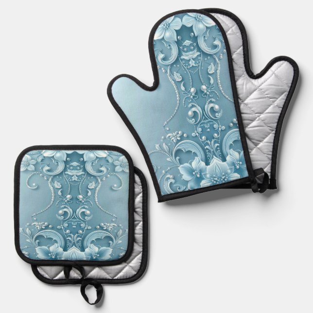 Blaue Dekorative Blumen Ofenhandschuh & Topflappen-Set (Vorderseite/Rückseite)