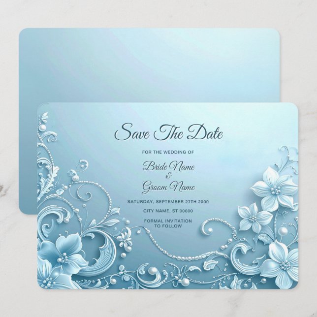 Blaue Dekorative Florale Save The Date (Vorne/Hinten)