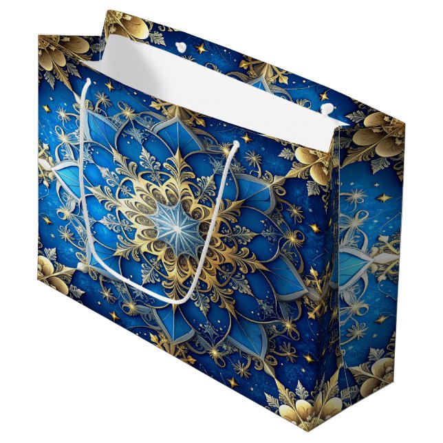 Blaue dekorative Geschenktüte für Feiertage (Vorderseite Schrägansicht)