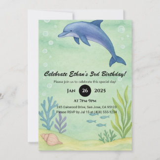 Blaue Delfin- und Ozeangarten-Illustration zum Geb Einladung