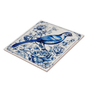 Blaue Delft-Vogel-Keramikfliese im Vintage-Stil. Fliese