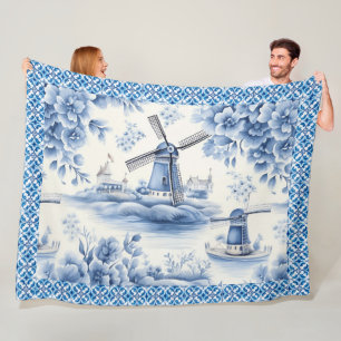 Blaue Delft-Windmühlen-Blumenfliesenbordüre Fleecedecke