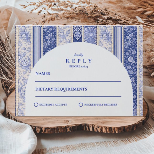 Blaue Delfter Fliesen-Patchwork-Hochzeit RSVP Karte (Von Creator hochgeladen)