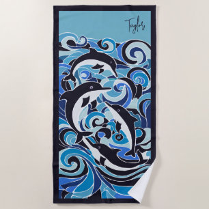 Blaue Delphine & Waves individuell anpassbar Strandtuch