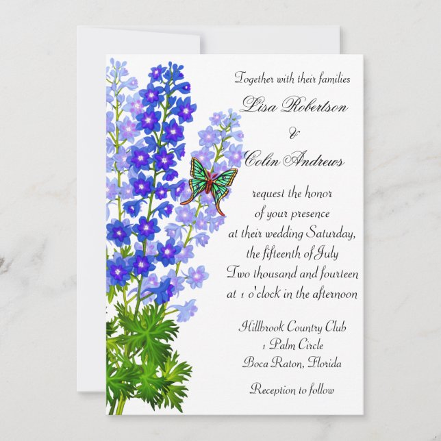 Blaue Delphinium-Blumen, die Einladung Wedding (Vorderseite)