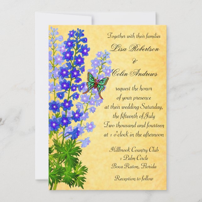 Blaue Delphinium-Blumen, die Einladungs-Gold Einladung (Vorderseite)
