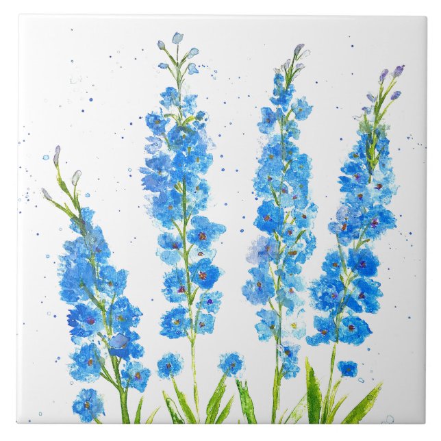 Blaue Delphinium florale Aquarell elegant rustikal Fliese (Vorderseite)