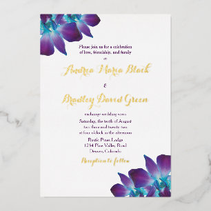 Blaue Dendrobium-Orchideen-Goldene Hochzeitseinlad Folieneinladung