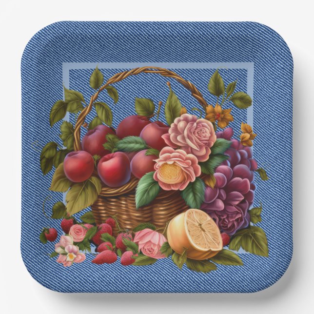 Blaue Denim-Früchte und -Blumen Pappteller (Vorderseite)