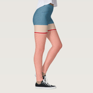 Blaue Denim Shorts mit roten und weißen Fischern Leggings