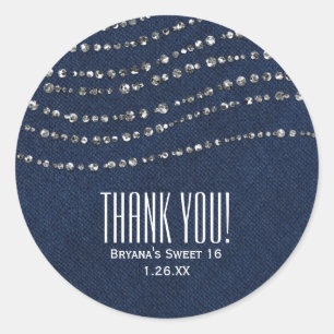 Blaue Denim- und Diamant-Sparkle-Bling-Partygesche Runder Aufkleber