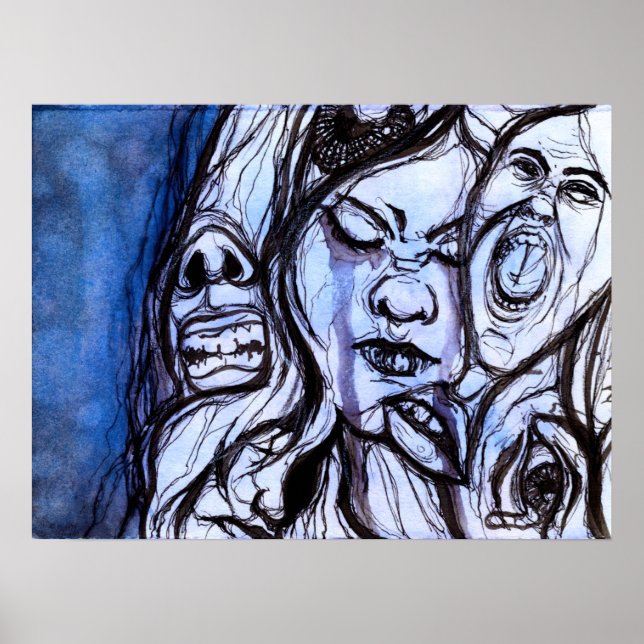 Blaue Depression Aquarellmalerei Poster (Vorne)