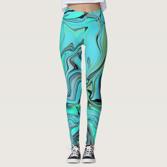 Blaue des Marmormusters abstrakte und grüne Leggings (Vorderseite)