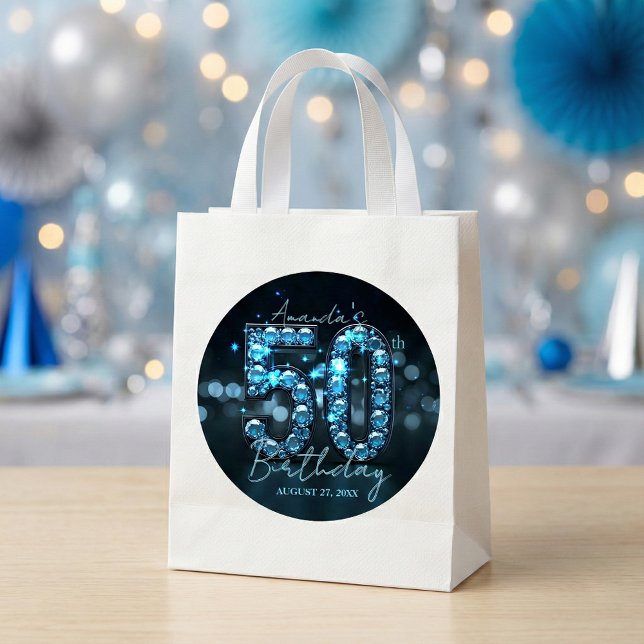 Blaue Diamanten und schwarze glamouröse 50. Geburt Runder Aufkleber (Von Creator hochgeladen)